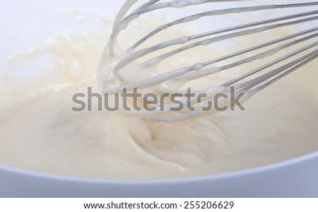 Mixed batter in a bowl and whisk.
