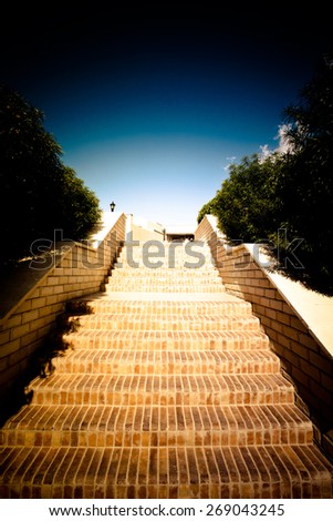 Stairs to heaven, built of brick between the trees. Toned.