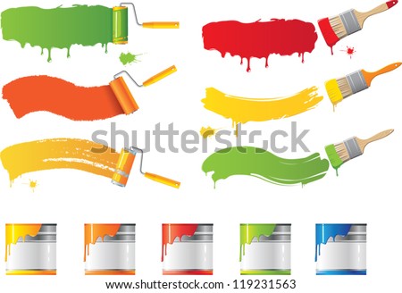 Vector roller and paint brushes with colors