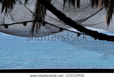Relaxation on the beach: morning sea with palm tree silhouettes and fishing nets	 Relaxation on the beach: morning sea with palm tree silhouettes and fishing nets