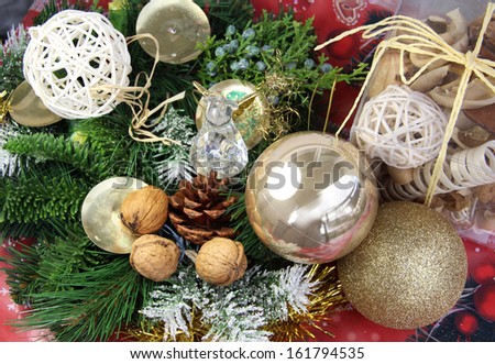 Beautiful Christmas wreath, toys and crystal angel