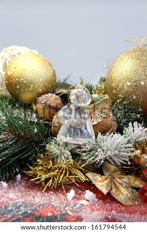 Beautiful Christmas wreath, toys and crystal angel