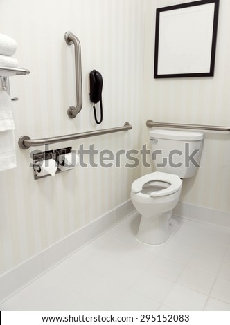 Handicapped disability access bathroom with grab bars and toilet
