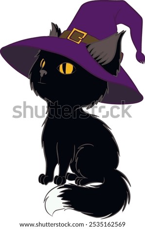 Black hand drawn cartoon cat in lilac witch hat. Tomcat looks to the side with his yellow eyes. Fluffy tail goes around paws. Spooky Halloween symbol icon isolated on white.