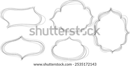 Hand drawn doodle frames. Set of outline banners in pencil style. Complex shape. Oriental windows, mosque dome and lanterns. Deliberately careless asymmetrical contour. Vector isolated design elements