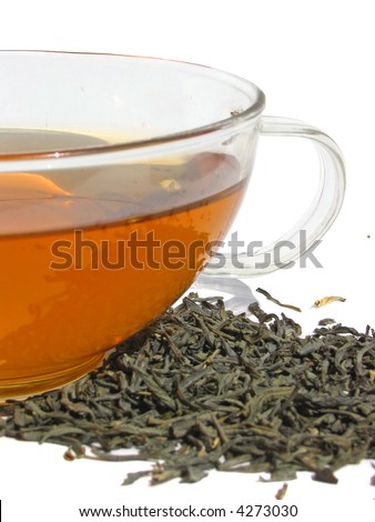 ?up of green tea with dry tea leaves on white background