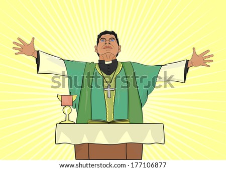 The Catholic priest celebrating Mass at the altar. Vector