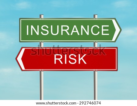 Insurance and risk. Road sign with the issue of insurance on the sky background. Raster illustration.