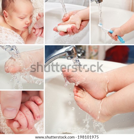 collage of photos in which a girl takes a bath, washes his hands and brushes his teeth