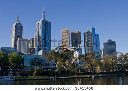 Office buildings in Melbourne\'s financial center overlooking the river.