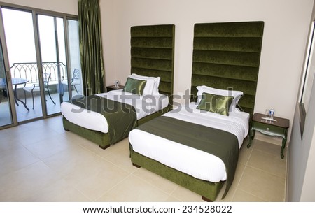 Luxurious hotel bedroom with balconies, 5 stars luxury hotel bedroom
