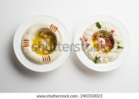 Lebanese food of Hommos & Mtabbal Isolated on White