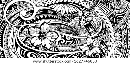 Polynesian pattern design with ethnic motives and floral elements.