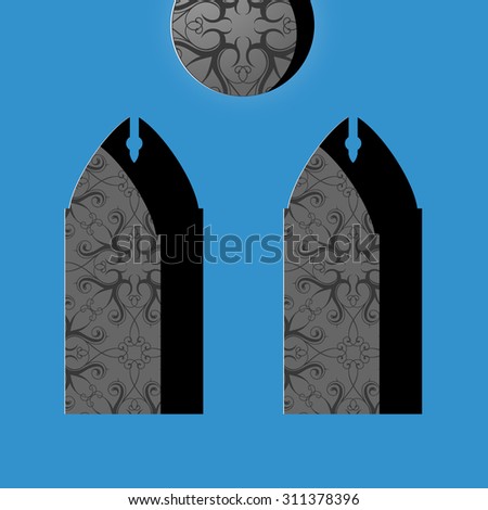 Catholic church window with stained mosaic ornament. Flat graphic design
