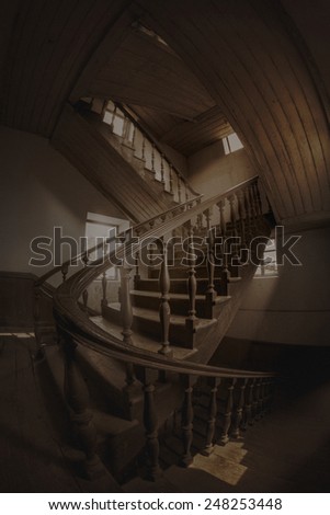 Curve of old stair with shadow of Light at Fire Station in Bangkok, Thailand