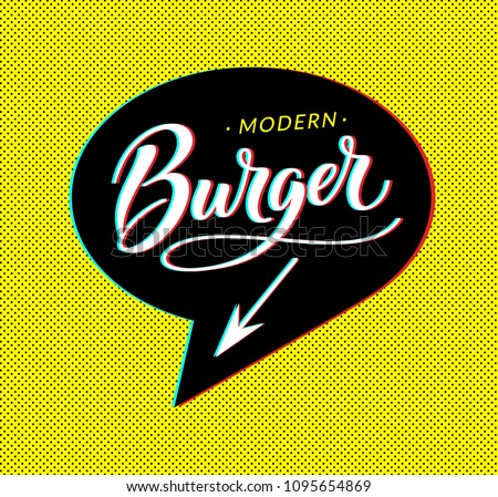 Burger logo in bubble cloud with arrow on dotted background for sign, banner, poster. Modern glitch effect and cloud talk. Burger word for fast food restaurant menu. Vector illustration. EPS 10