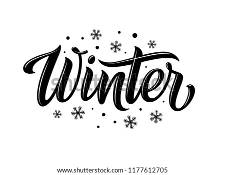 Winter. Snowflakes and snow with winter text, word and lettering. Winter concept, logo template and sign. Horizontal format. Vector illustration for print and web. EPS10.