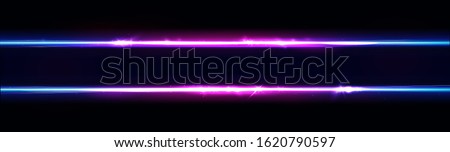 Neon lines frame, border. Neon lights or horizontal sign. Vector abstract background, tunnel, portal. Geometric glow outline shape or laser glowing lines. Horizontal abstract background