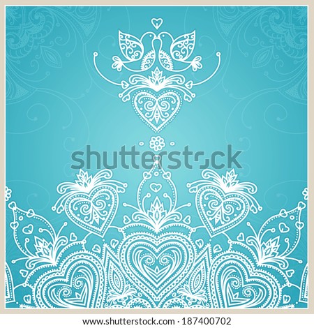 Blue wedding invitation design template with doves, hearts, flowers and geometrical lace ornament.Wedding card.