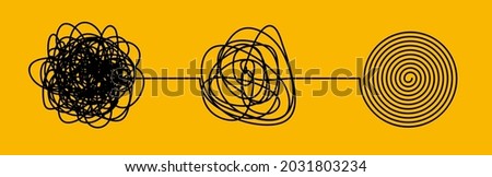 Tangle and untangle, psychotherapy and psychology concept. Tangled vector line illustration. Doodle. Abstract change graphic. Problems solution creative design concept.