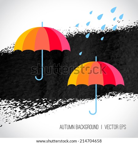 Autumn background. Rainbow color umbrellas and raindrops on black and white grunge background. Hand drawn illustration. Rainy day. Autumn season concept. Abstract vector background. 