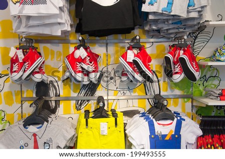 ATHENS-AUGUST 1: Children\'s garments in Zara store on Ermou Street on August 3, 2013 in Athens.Greece.
