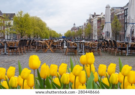 Amsterdam cityscape with tulips on the foreground and outside cafe on the background, Holland.