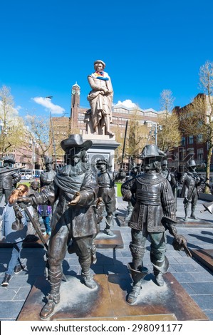 Amsterdam-April 30: The Night Watch representation by Russian artists Mikhail Dronov and Alexander Taratynov on Rembrandtplein on April 30, 2015, the Netherlands.