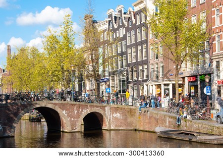 Amsterdam-April 30: Red light district, crowd of tourists enjoy sightseeing on April 30,2015, the Netherlands.