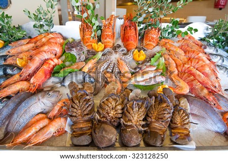Seafood displayed for sale in a local restaurant. Crete island, Greece.