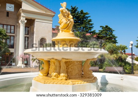 Sochi,Russia-September 01:The goddess of navigation fountain, the passenger terminal on the left side on September 01,2015, Russia. The Commercial Sea Port of Sochi is a seaport on the Black Sea.