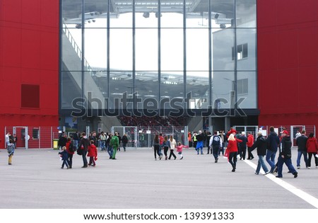 MAINZ, GERMANY - MAI 11: Fans of the soccer club 1. FC Mainz waiting for entrance in the \
