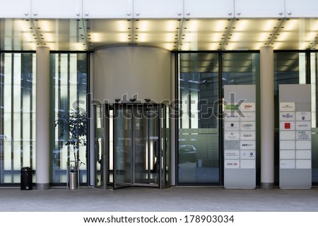 FRANKFURT, GERMANY - FEBRUARY 19: The entrance of an office building with a revolving door on February 19, 2014 in Frankfurt / Office Building Frankfurt
