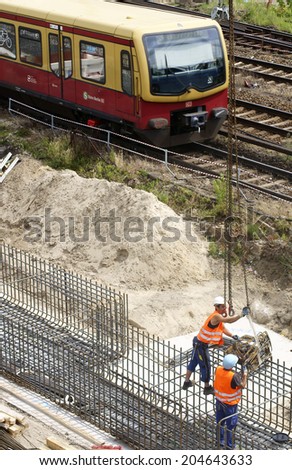 BERLIN, GERMANY - JUNE 16: Track and construction work at the tram station Friedrichshain on June 16, 2014 in Berlin / Track work