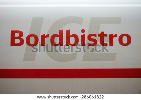 BERLIN, GERMANY - JUNE 04: The outer body of the on board restaurants from the ICE high-speed train of the German Railway on June 04, 2015 in Berlin / ICE board restaurant