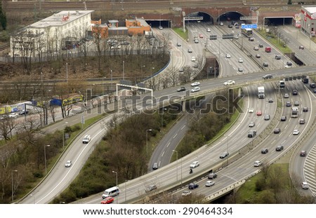 BERLIN, GERMANY - APRIL 08: A transportation hub in Berlin via Aerial view on the crossing West Cross and the highway A100 with traffic on April 08, 2015 in Berlin / Berlin transport hub