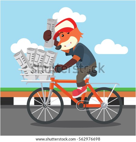 fox selling newspaper with bicycle