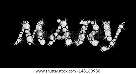 The girl, female name MARY made of a shiny diamonds style font, brilliant gem stone letters building the word, isolated on black background.