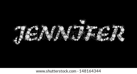 The girl, female name JENNIFER made of a shiny diamonds style font, brilliant gem stone letters building the word, isolated on black background.