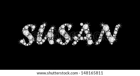 The girl, female name SUSAN made of a shiny diamonds style font, brilliant gem stone letters building the word, isolated on black background.