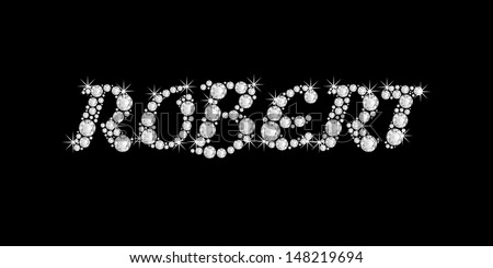 The boy, male name ROBERT made of a shiny diamonds style font, brilliant gem stone letters building the word, isolated on black background.