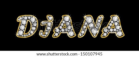 The girl, female name DIANA made of a shiny diamonds style font, brilliant gem stone letters building the word, isolated on black background.