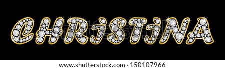 The girl, female name CHRISTINA made of a shiny diamonds style font, brilliant gem stone letters building the word, isolated on black background.