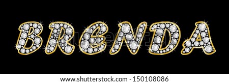 The girl, female name BRENDA made of a shiny diamonds style font, brilliant gem stone letters building the word, isolated on black background.