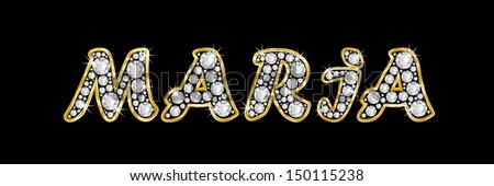 The girl, female name MARIA made of a shiny diamonds style font, brilliant gem stone letters building the word, isolated on black background.