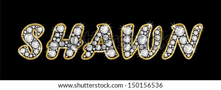 The boy, male name SHAWN made of a shiny diamonds style font, brilliant gem stone letters building the word, isolated on black background.