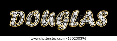 The boy, male name DOUGLAS made of a shiny diamonds style font, brilliant gem stone letters building the word, isolated on black background.