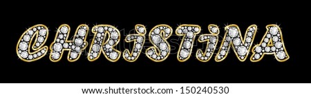 The girl, female name CHRISTINA made of a shiny diamonds style font, brilliant gem stone letters building the word, isolated on black background.