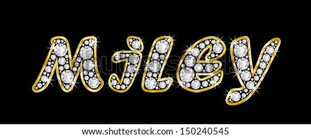 The girl, female name MILEY made of a shiny diamonds style font, brilliant gem stone letters building the word, isolated on black background.