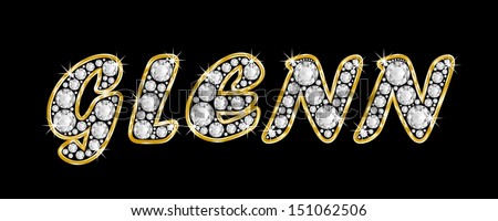 The boy, male name GLENN made of a shiny diamonds style font, brilliant gem stone letters building the word, isolated on black background.